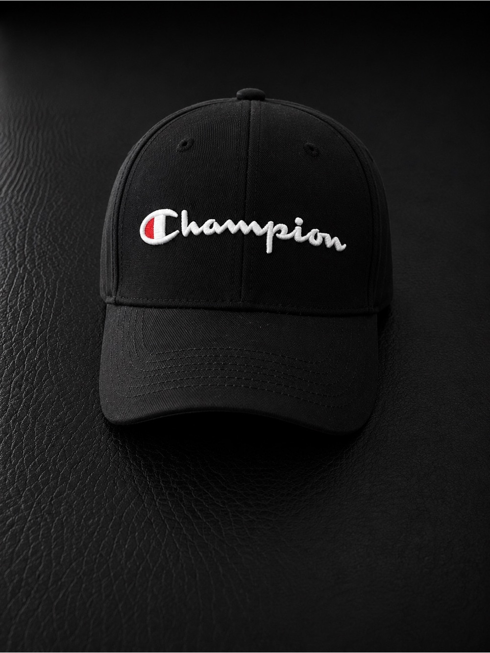 Champion Black Baseball Cap with White Script and Red Accent